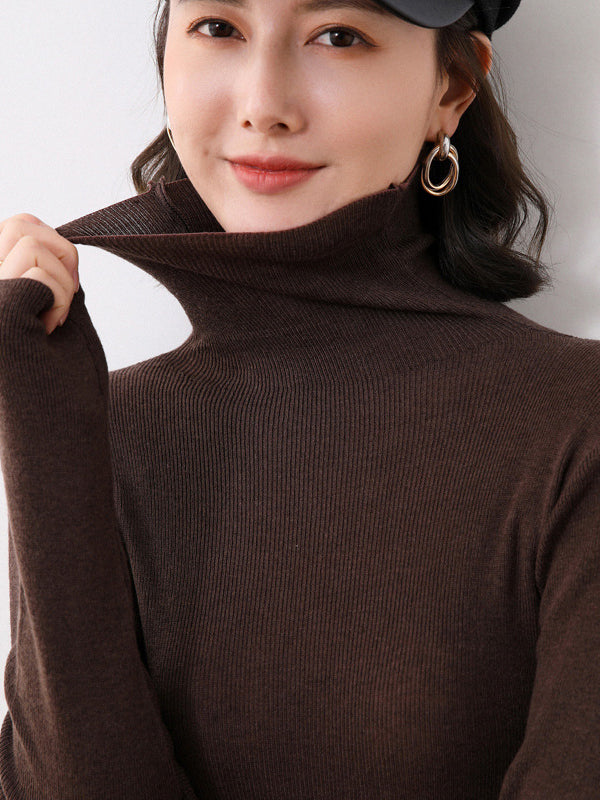 xakxx Simple Skinny Long Sleeves Solid Color High-Neck Sweater Tops Pullovers