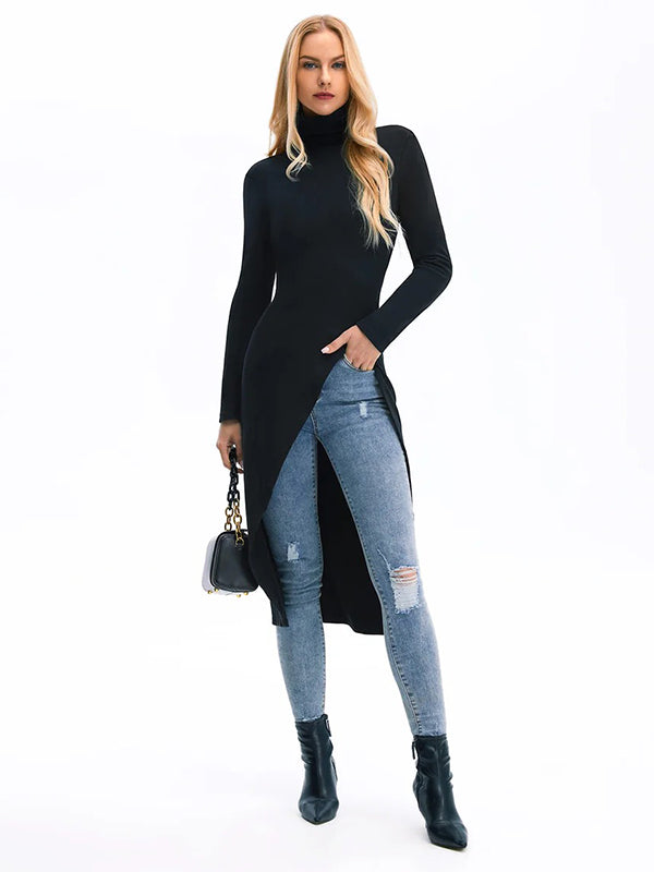 xakxx Simple Skinny Split-Side Solid Color High-Neck T-Shirts Tops