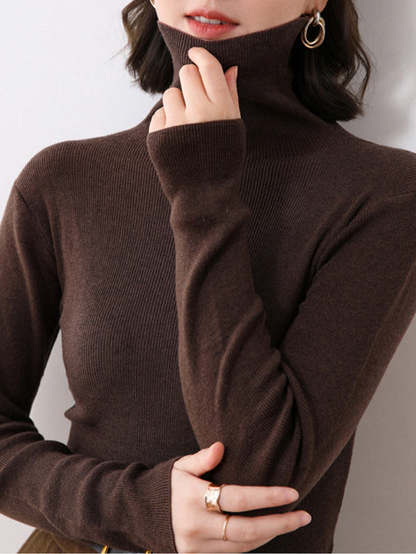 xakxx Simple Skinny Long Sleeves Solid Color High-Neck Sweater Tops Pullovers
