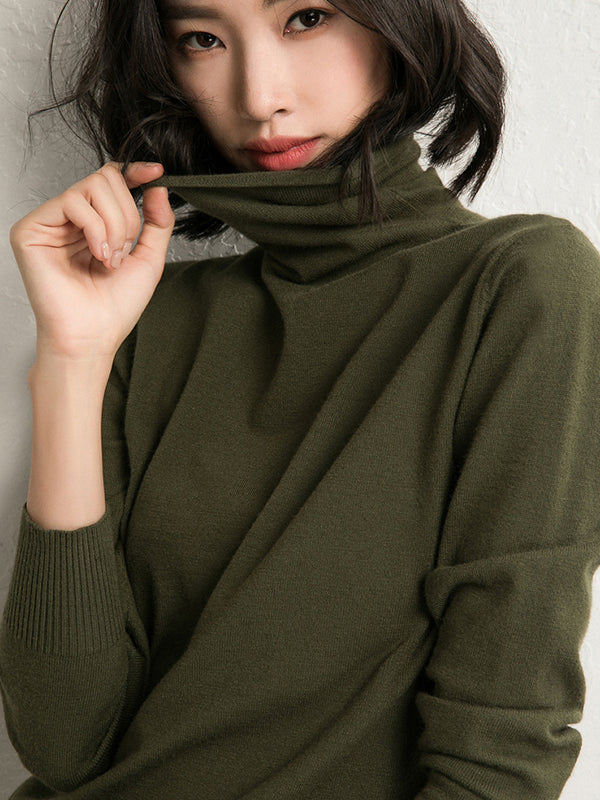 xakxx Simple Loose Long Sleeves Solid Color High-Neck Sweater Tops