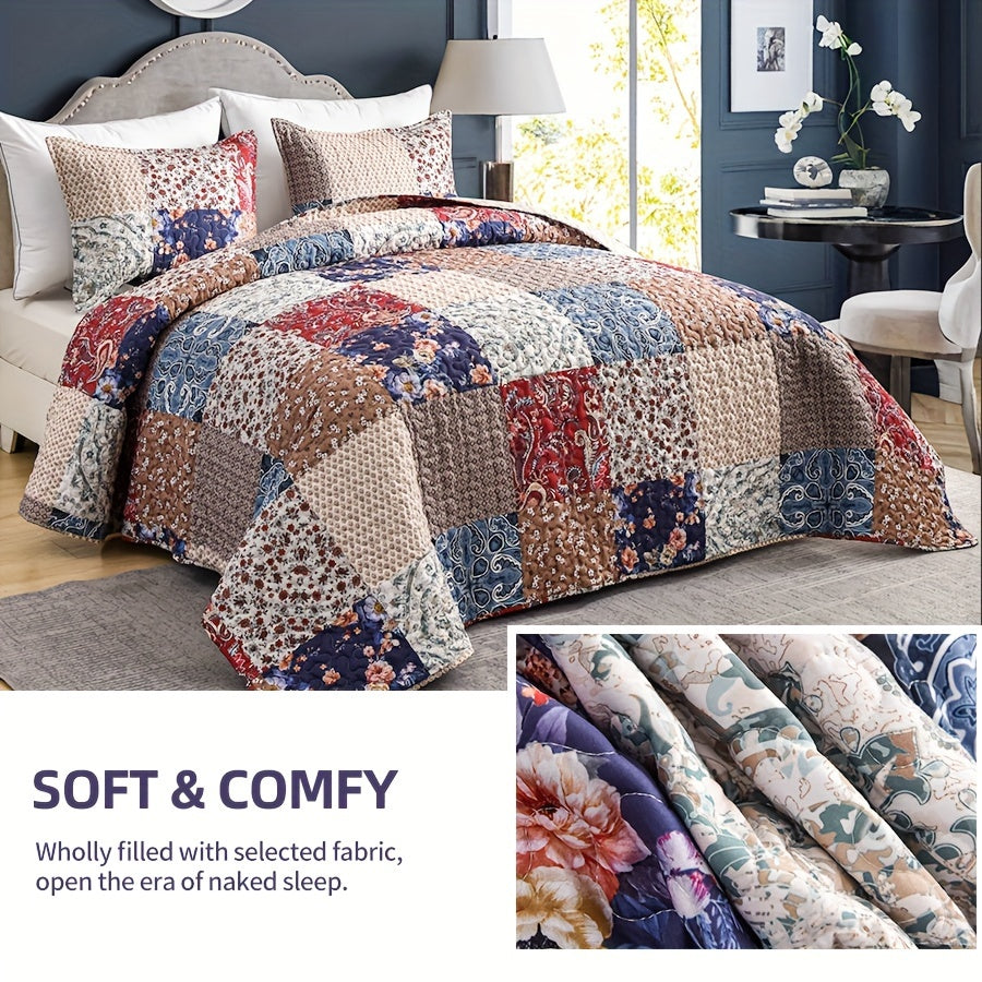 3-Piece Floral Block Checkered Pattern Bedspread Set - Double-Sided, Soft, Breathable, and Hypoallergenic Bedding for All Seasons - Includes 1 Bedspread and 2 Pillowcases (No Core)