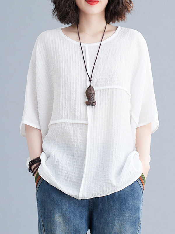 xakxx Batwing Sleeves Loose Solid Color Split-Joint Round-Neck T-Shirts Tops