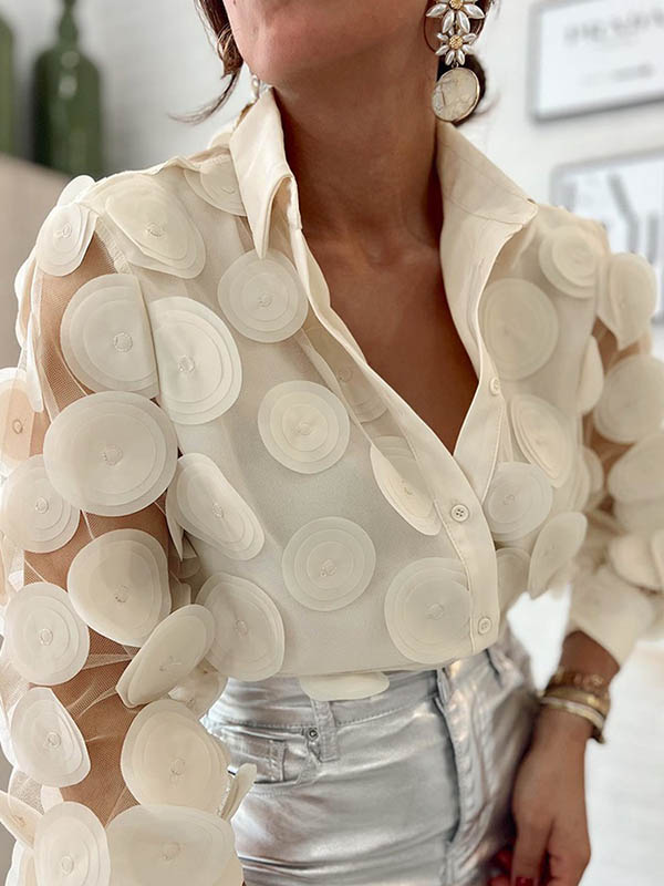 xakxx Long Sleeves Loose Buttoned Mesh Polka-Dot Split-Joint Lapel Blouses&Shirts Tops