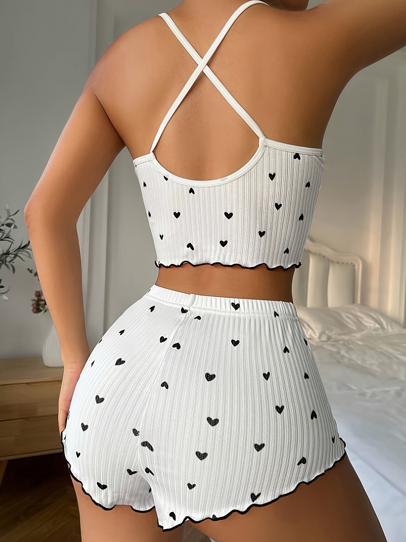 Romantic Heart Print Pajama Set - Soft Ribbed Fabric with Flirty Frill Trim, Bow Detail Notched Cami & Elastic Shorts, Chic Cross-Strappy Backless Top - Womens Stylish Sleepwear for Sweet Dreams