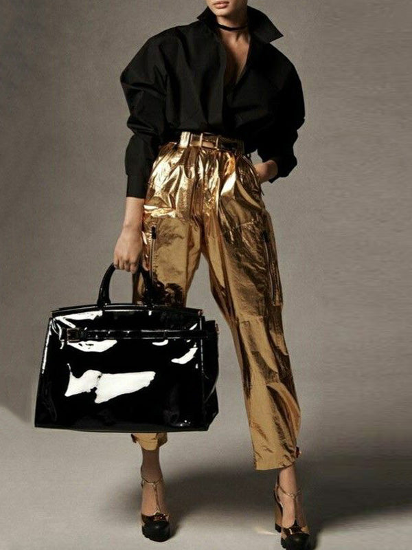 xakxx Long Sleeves Loose Solid Color Stand Collar Blouses&Shirts Tops