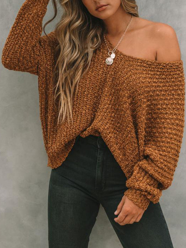 xakxx Long Sleeves Loose Solid Color V-Neck Knitwear Pullovers Sweater Tops
