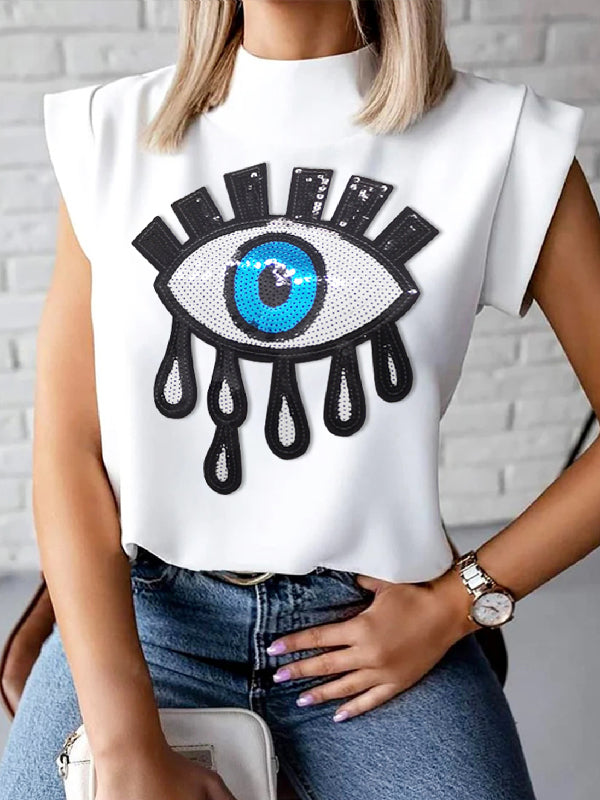 xakxx Cap Sleeve Loose Applique Embroidered Figure High-Neck T-Shirts Tops