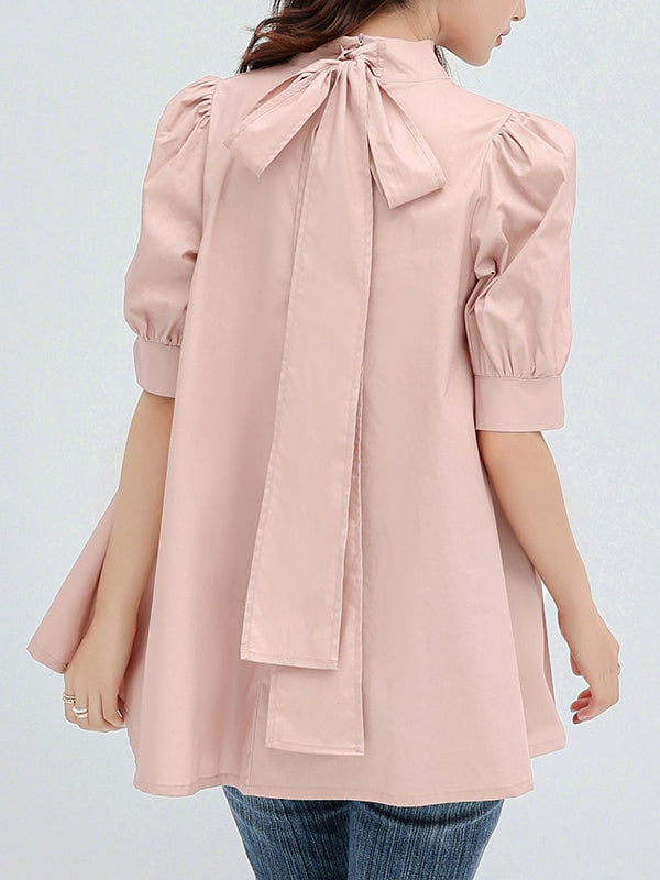 xakxx Casual Loose Bow-Embellished Solid Color Blouse