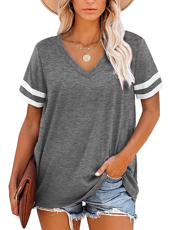 xakxx Loose Short Sleeves Contrast Color Striped V-Neck T-Shirts