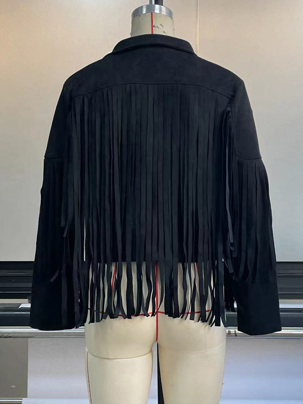 xakxx Long Sleeves Solid Color Split-Joint Tasseled Notched Collar Jackets