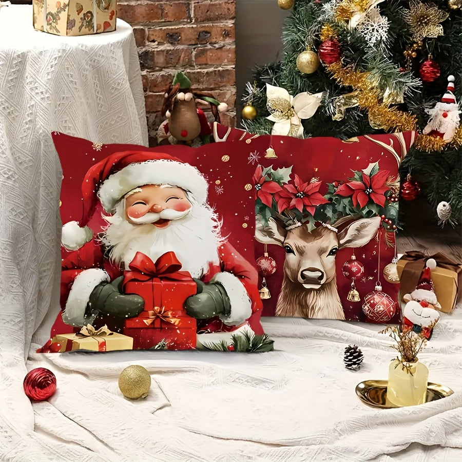 4-Pack Velvet Printed Christmas Pillow Covers with Santa & Snowman Designs, Machine Washable, Zipper Closure, Polyester Fabric, Contemporary Style for Home Sofa, Bedroom, Living Room Decor