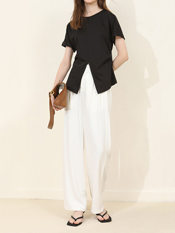 xakxx Batwing Sleeves Loose Pleated Solid Color Split-Front Split-Joint Round-Neck T-Shirts