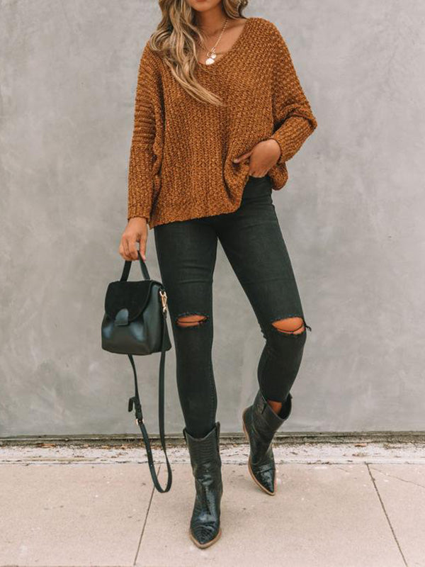 xakxx Long Sleeves Loose Solid Color V-Neck Knitwear Pullovers Sweater Tops