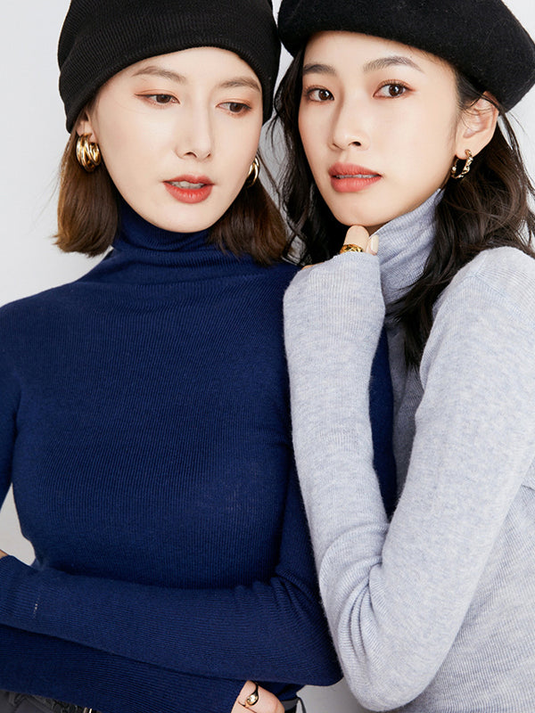 xakxx Simple Skinny Long Sleeves Solid Color High-Neck Sweater Tops Pullovers