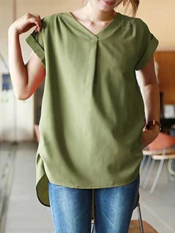 xakxx Loose Short Sleeves Back Pleated Solid Color Round-Neck T-Shirts Tops