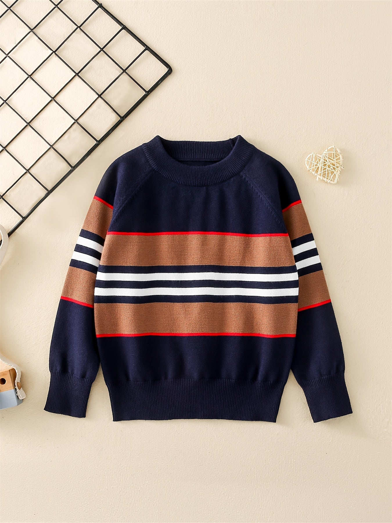 Baby's Casual Color Block Pattern Sweater, Knitted Long Sleeve Top, Toddler & Infant Boy's Clothing For Fall Winter