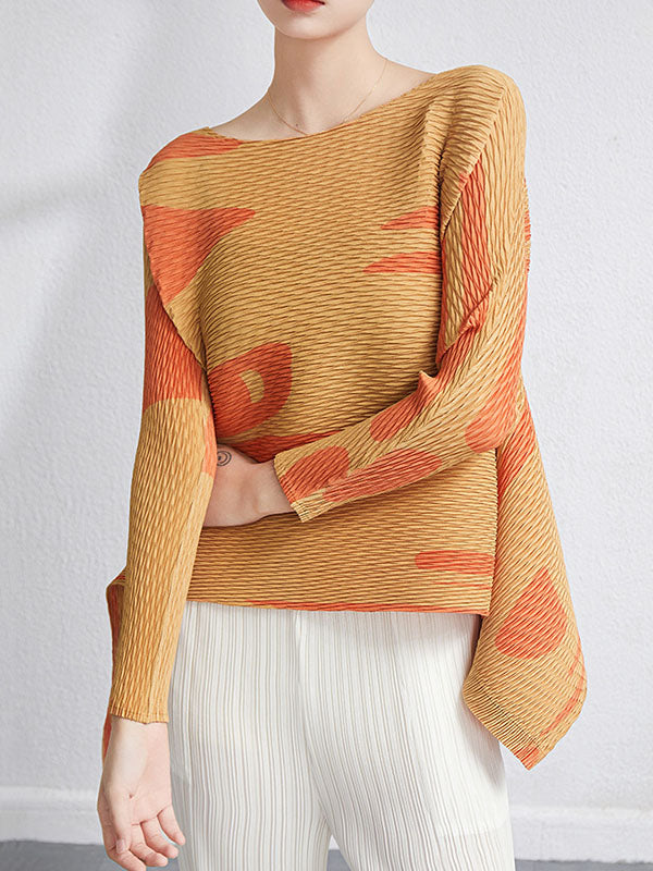 xakxx Casual Irregularity Loose Printed Pleated Round-Neck T-Shirts Tops