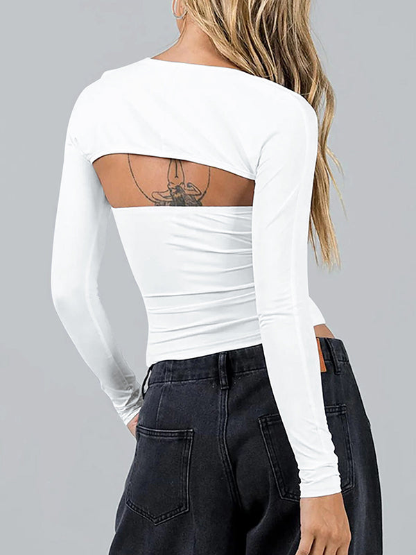 xakxx Long Sleeves Skinny Solid Color Collarless T-Shirts Tops