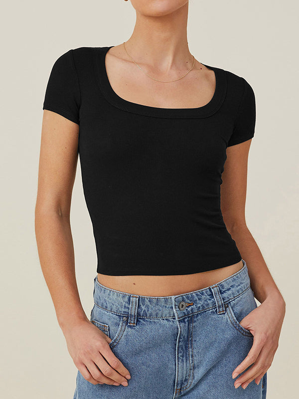 xakxx Short Sleeves Skinny Solid Color Square-Neck T-Shirts Tops