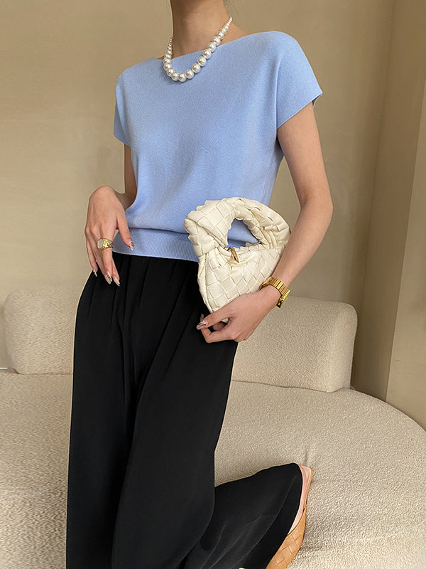 xakxx Stylish Loose Solid Color Boat Neck Knitwear Pullovers Tops