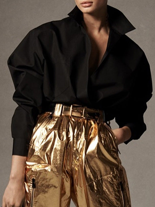 xakxx Long Sleeves Loose Solid Color Stand Collar Blouses&Shirts Tops