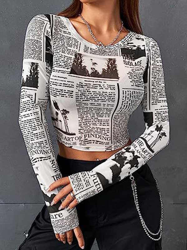 xakxx Long Sleeves Skinny Letter Print Round-Neck T-Shirts Tops