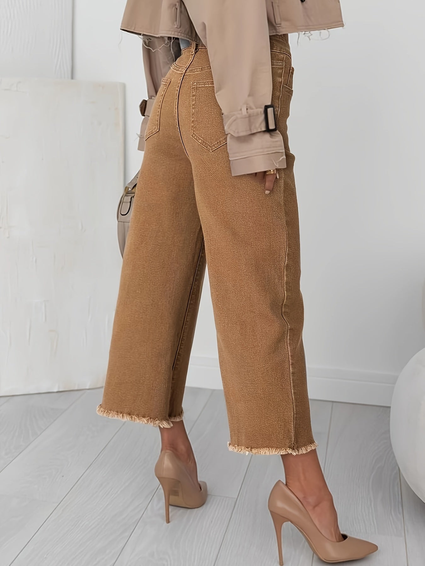 Womens Wide Leg Cropped Denim Pants - Soft Cotton, Slight Stretch, Mid-Rise, Raw Hem, Versatile Solid Color, Side-Stripe Detail, Zip Fly with Button Closure, Perfect for Spring, Summer, and Fall Seasons