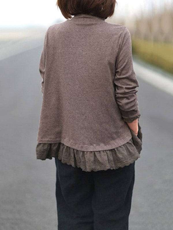 xakxx Original Creation Long Sleeves Loose Ruffled Solid Color Stand Collar T-Shirts Tops
