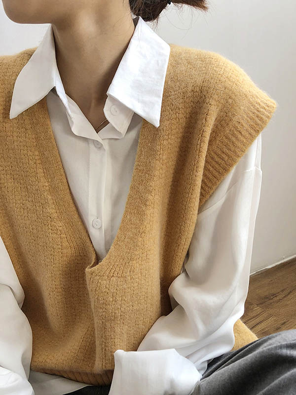 xakxx Knitting Irregularity Solid V-Neck Vest