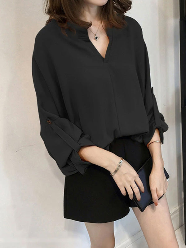 xakxx Casual Long Sleeves Loose Solid Color V-Neck Blouses&Shirts Tops