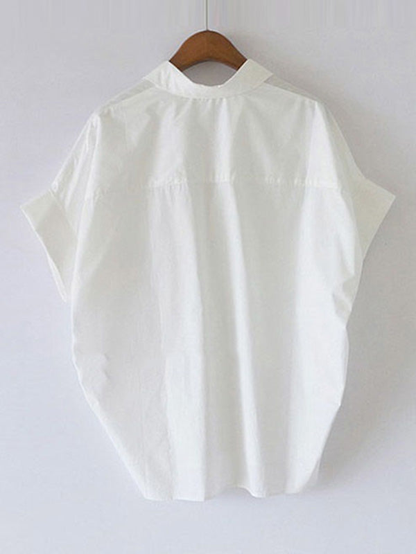 Xakxx - Casual Short Sleeves Loose Solid Color Lapel Collar Blouses&Shirts Tops