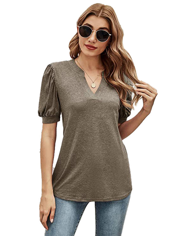 xakxx Simple Solid Color V-Neck Puff Sleeves T-Shirt Top