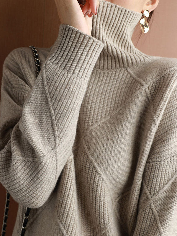 xakxx Casual Loose Solid Color Striped High-Neck Long Sleeves Sweater Tops