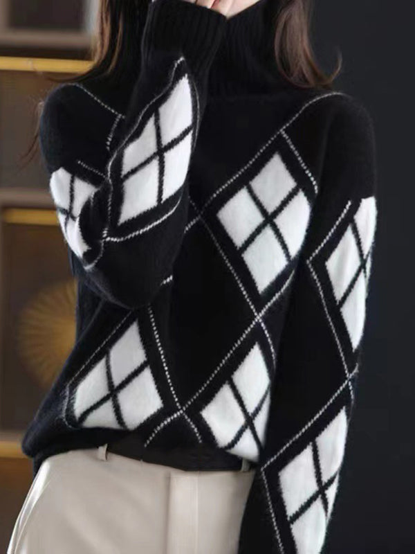 xakxx Casual Long Sleeves Loose Plaid High-Neck Sweater Tops