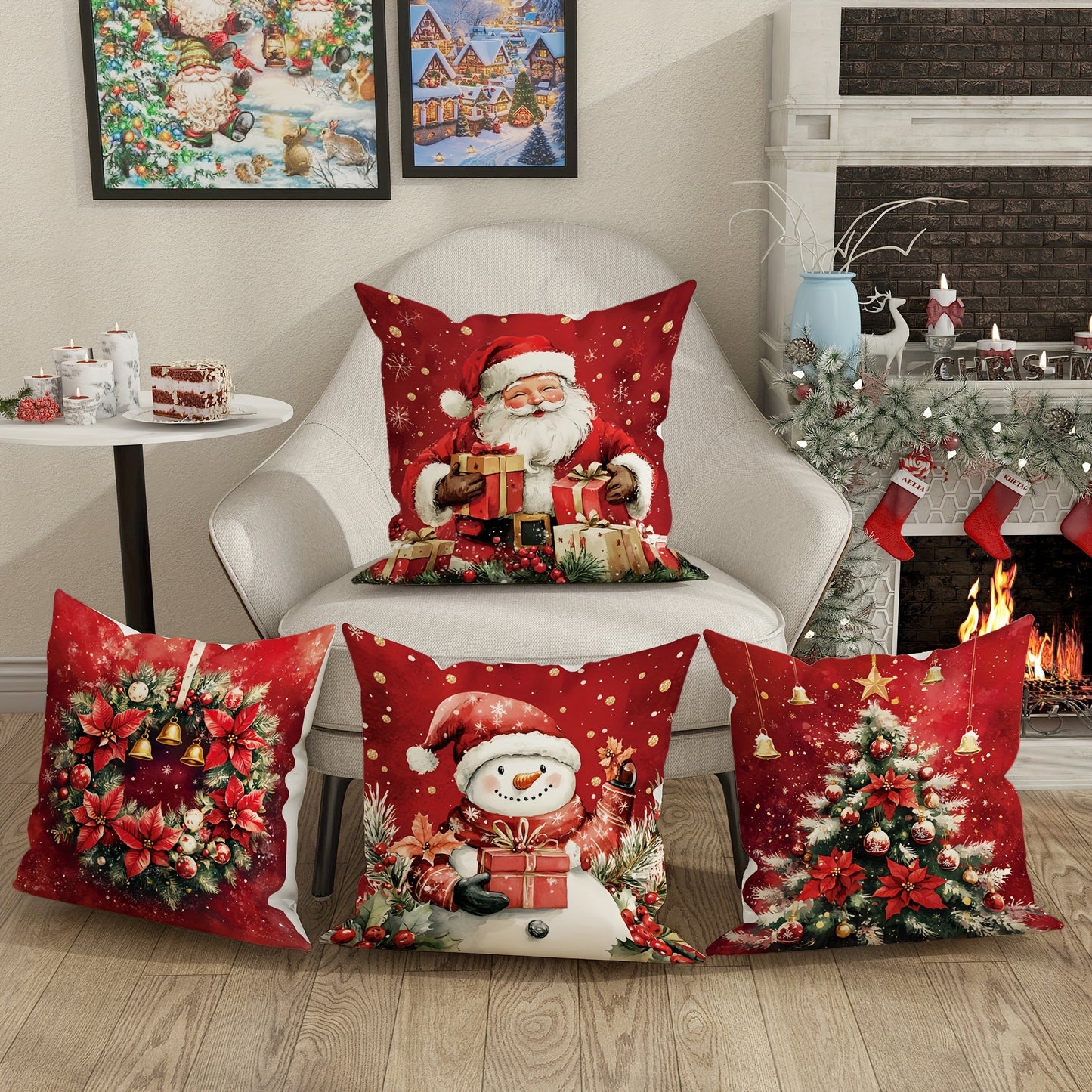 4pcs Set Christmas Velvet Throw Pillow Covers - Santa, Snowman & Tree Designs | Soft & Cozy Red & Green Decorative Cushion Cases for Living Room & Bedroom | 18x18 Inches | Zip Closure