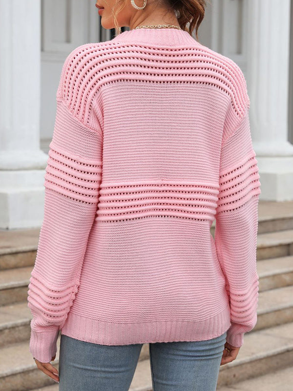 xakxx Long Sleeves Loose Hollow Solid Color Round-Neck Knitwear Pullovers Sweater Tops