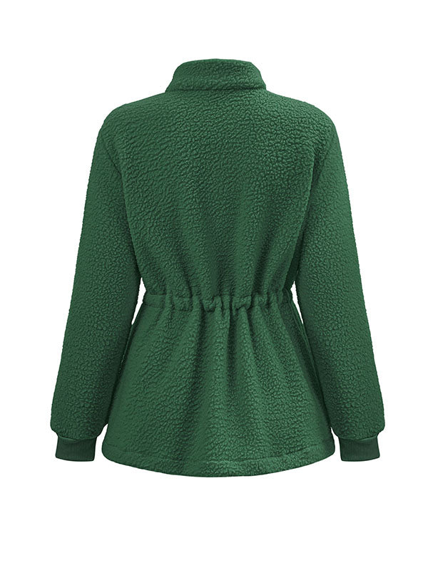 xakxx Long Sleeves Loose Drawstring Solid Color Velvet Zipper Stand Collar Outerwear