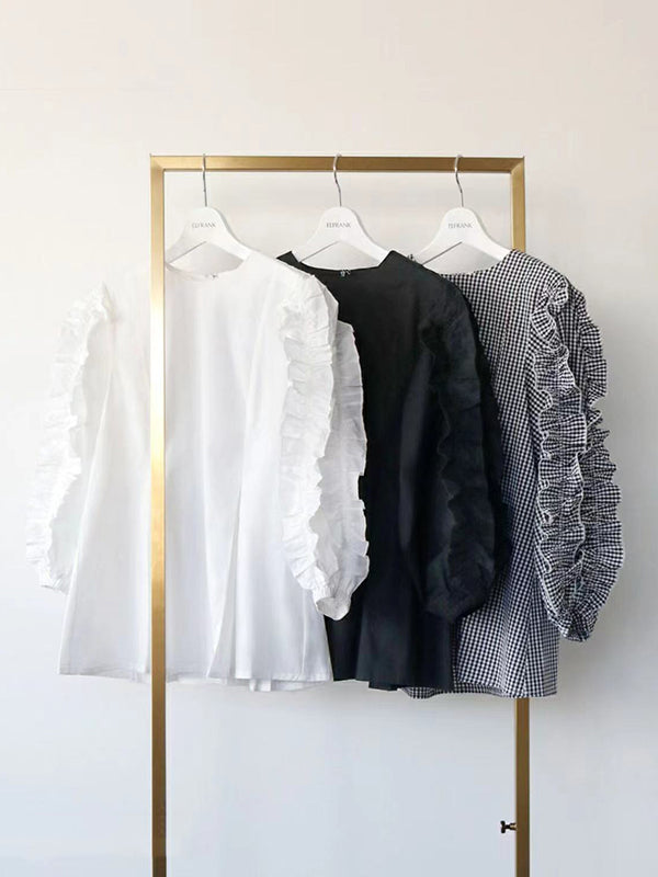 xakxx Trendy Tops Loose Puff Sleeves Plaid Agaric Laces Falbala Round-Neck Blouses