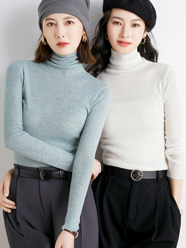 xakxx Simple Skinny Long Sleeves Solid Color High-Neck Sweater Tops Pullovers