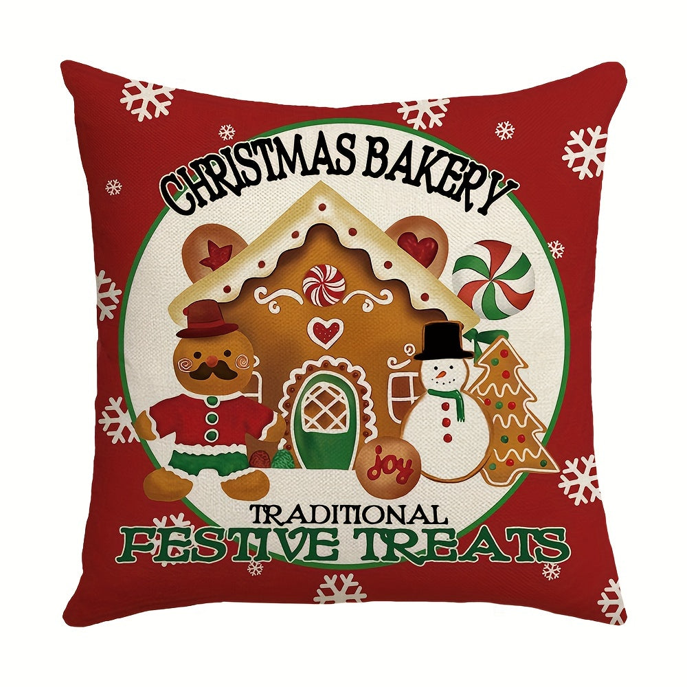 1pc Christmas Gingerbread Man House Throw Pillow Case, 17.7x17.7inch Winter Holiday Baking Lovers Gift, Soft Mat Cover for Home, Bedroom, Indoor Decor
