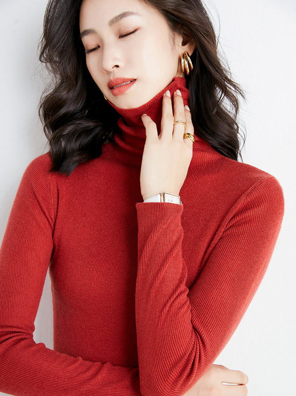 xakxx Simple Skinny Long Sleeves Solid Color High-Neck Sweater Tops Pullovers