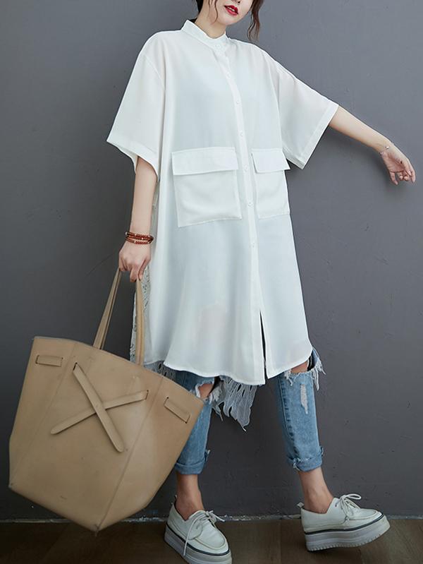 xakxx Loose Split-Joint Hollow Solid Long Blouse