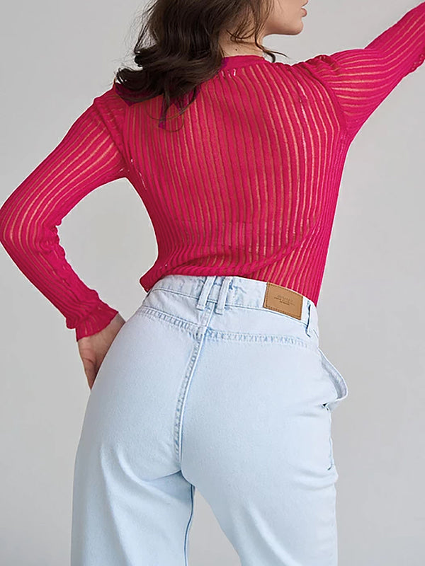 xakxx Long Sleeves Skinny See-Through Split-Joint Round-Neck T-Shirts