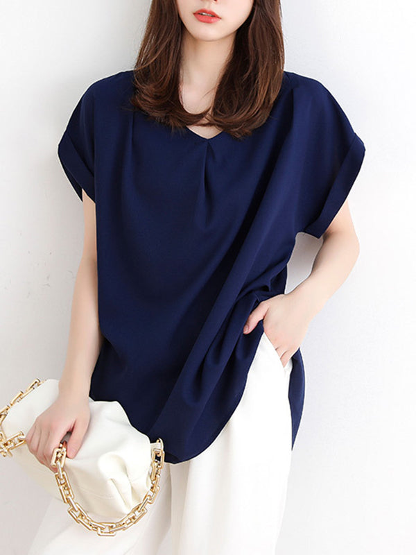 xakxx Loose Short Sleeves Back Pleated Solid Color Round-Neck T-Shirts Tops