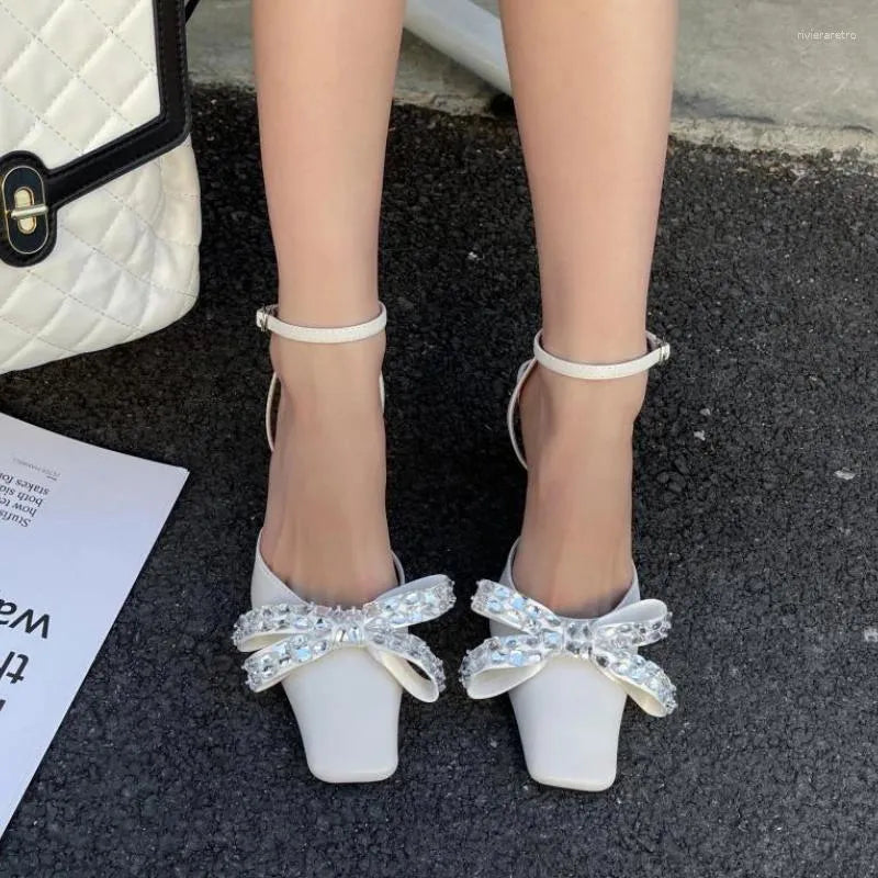 Dress Shoes Rhinestone Bow High Heeled Sandals Women Ankle Straps Low Heel Square Headed Pumps Sandalias Mujer