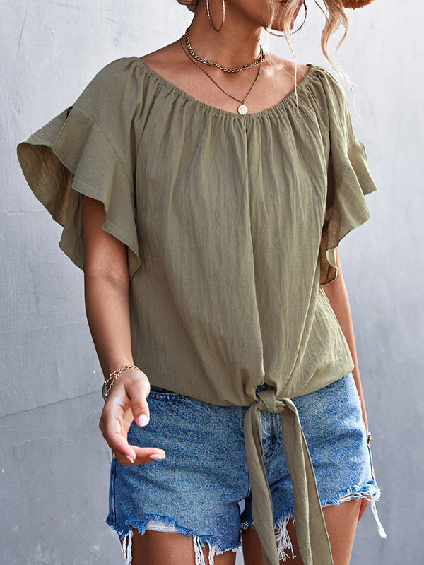 xakxx Loose Short Sleeves Elasticity Falbala Pleated Solid Color Tied Round-Neck T-Shirts Tops