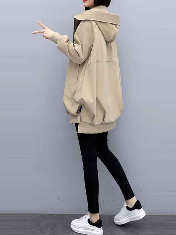 xakxx Casual Loose 4 Colors Pleated Zipper Hooded Long Sleeves Outwear
