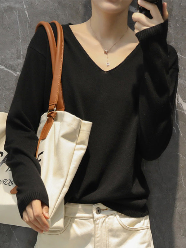 xakxx Simple Solid Color V-Neck Long Sleeve Knitwear Tops