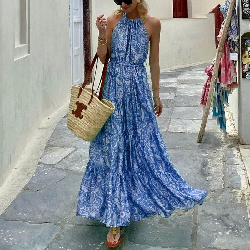Purpdrank - New Sexy Off Shoulder Sleeveless Long Dresses Fashion Summer Print Maxi Beach Dress Women Elegant Halter Sleeveless Party Dress
