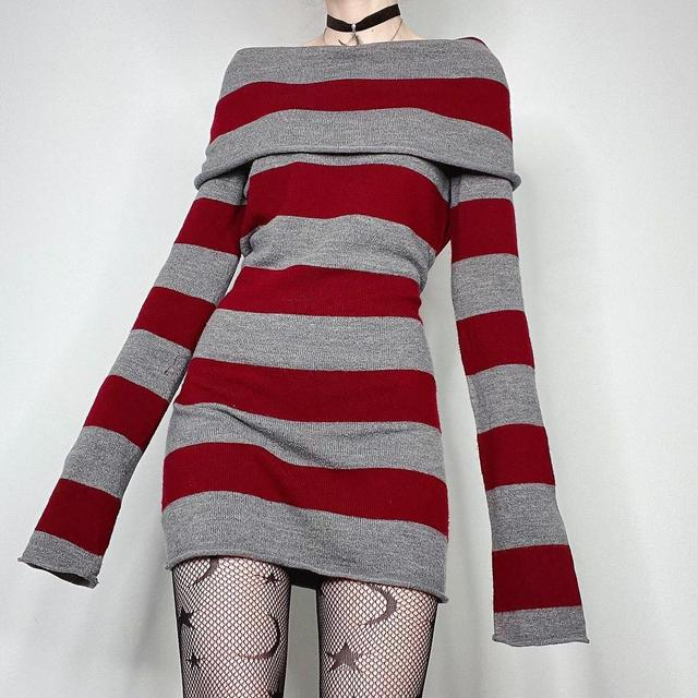 Purpdrank - E-girl Striped Gothic Aesthetic Sexy Dresses Grunge Long Sleeve Knitted Skinny Dress For Women Off Shoulder Streetwear